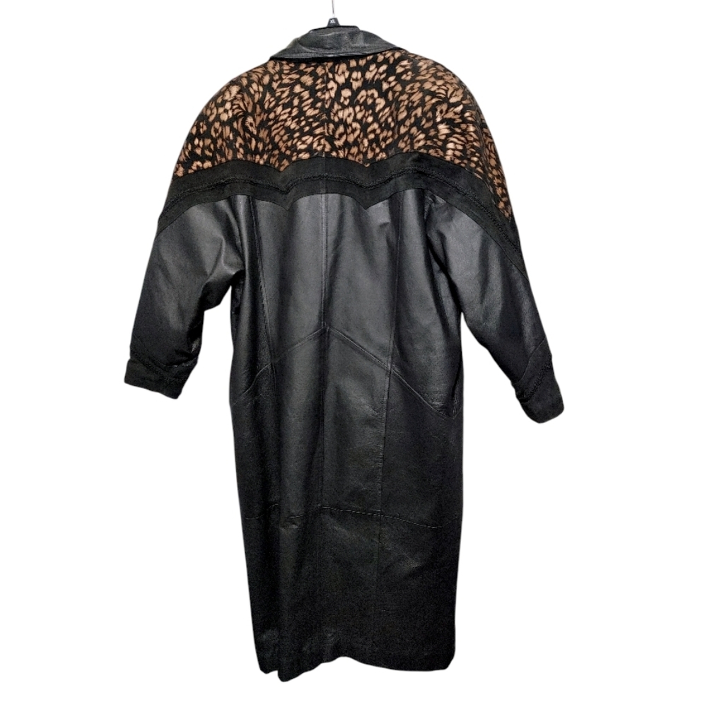 Vintage 80s JF J Ferrar Black Leopard Print Leather Suede Trench Coat Size Large - Picture 4 of 13